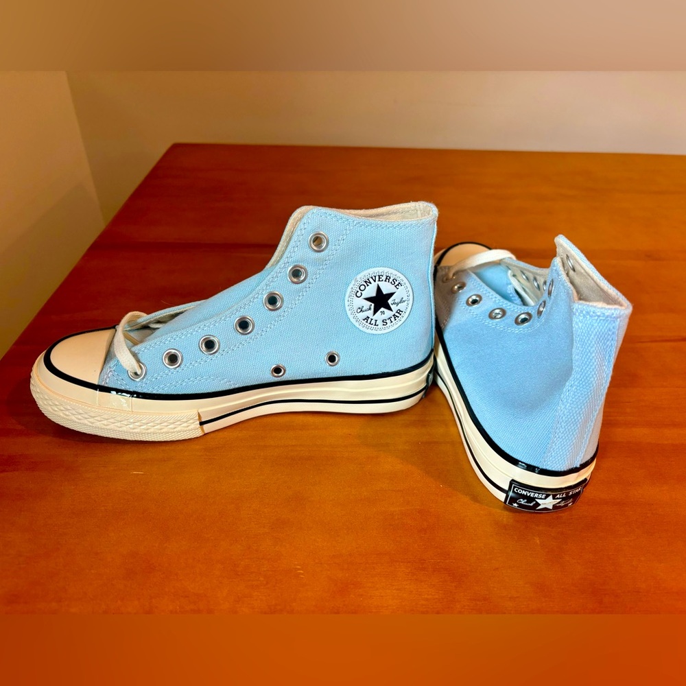 Converse Chuck Taylor’s light blue high tops